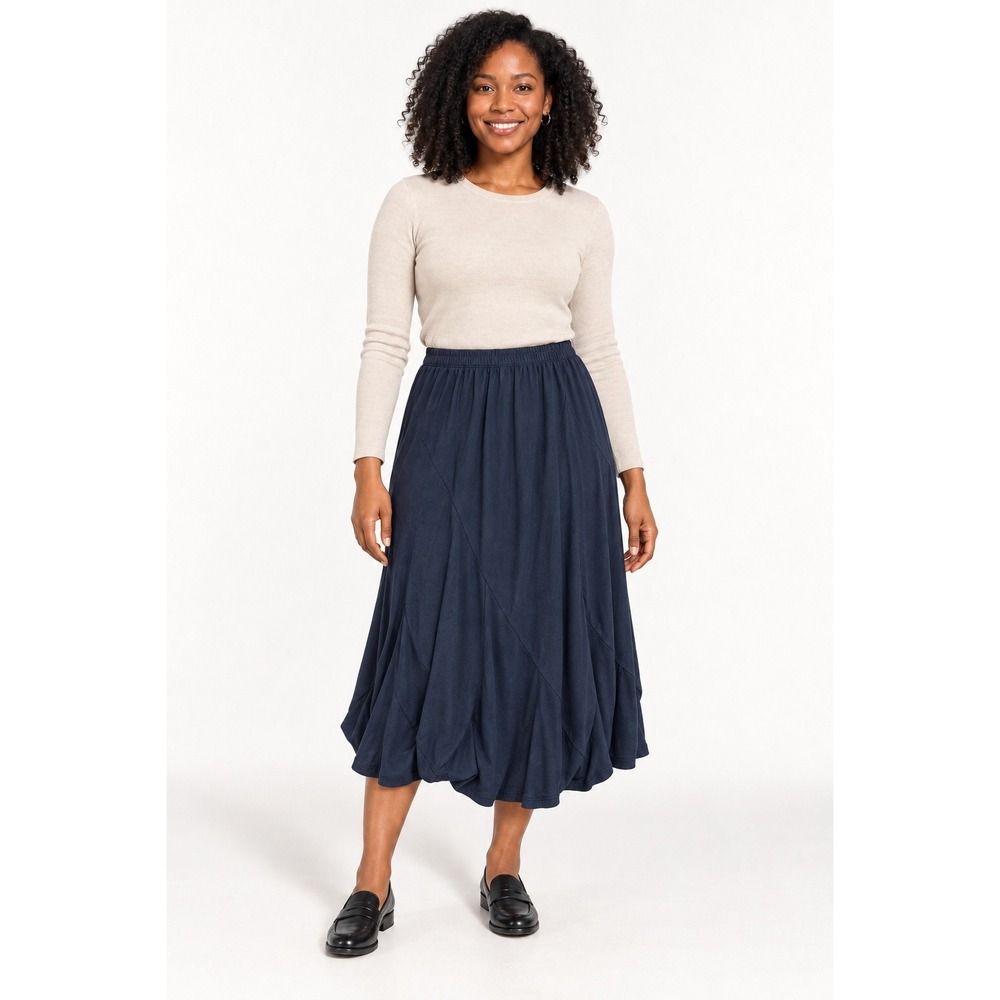 Coco Midi Skirt Womens XL Navy Blue Excellent Handkerchief Hem Elastic Waist